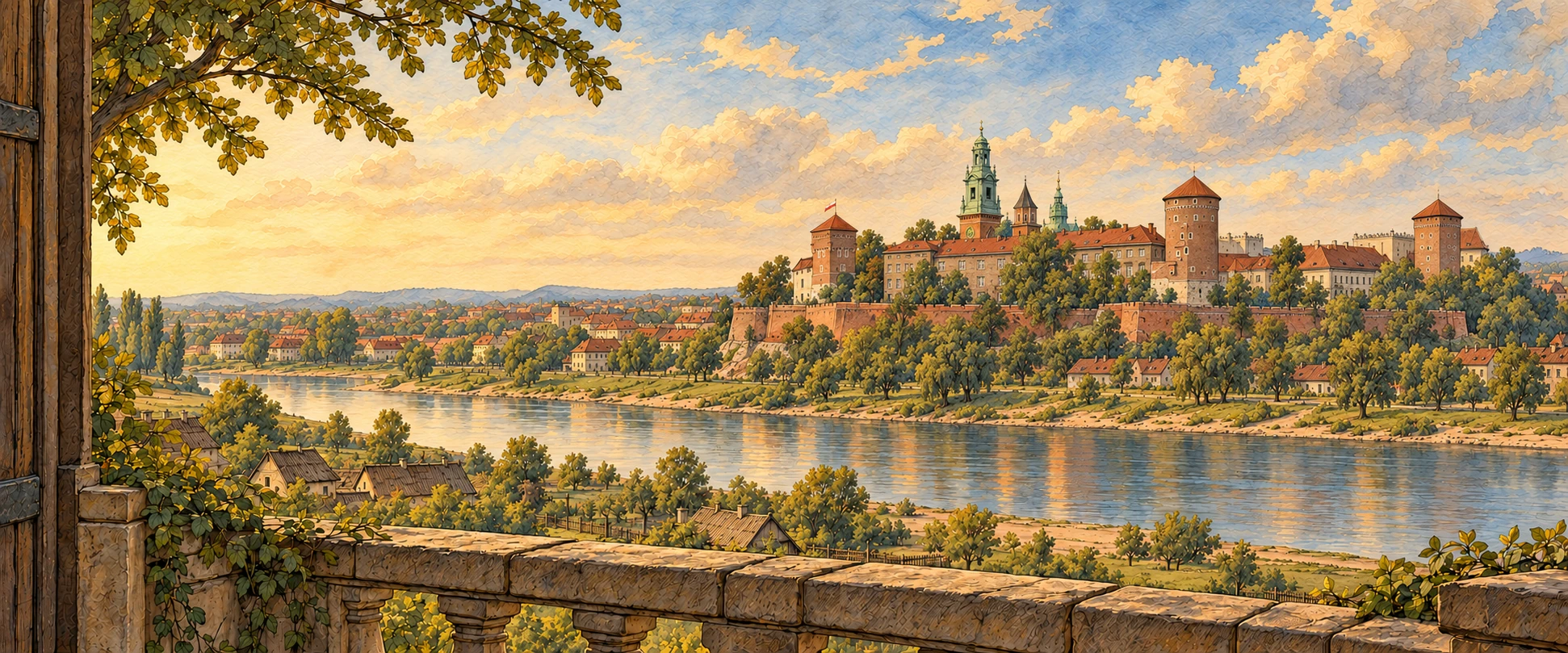 Panorama Krakowa stylizowanego na XVIII wiek, widziana z balkonu nad Wisłą, z Wawelem w tle